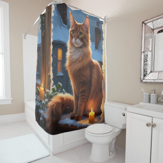 Rideaux De Douche Abyssinian Cat With Christmas Lights Holiday (En situation)