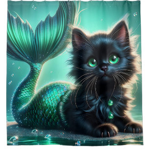 Rideaux De Douche "Adorable chaton de sirène noire aux yeux verts"