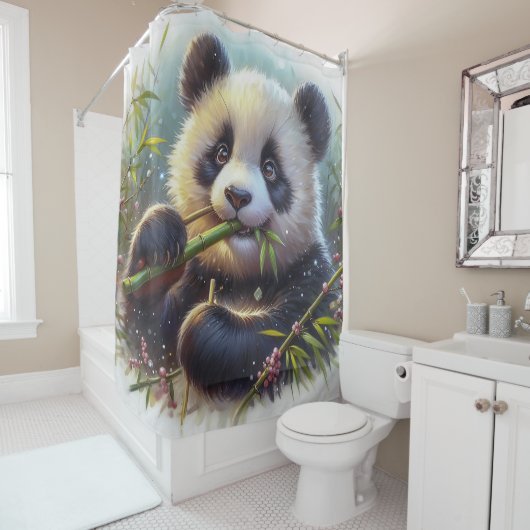 Rideaux De Douche Adorable Ours De Panda Mangeant Bambou (En situation)