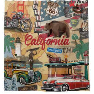 Rideaux De Douche affiche de la Californie vintage avec attractions