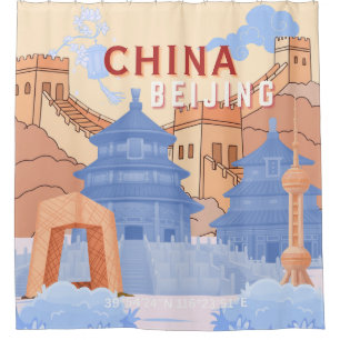 Rideaux De Douche Affiche de voyage à Pékin Chine Pastel Bleu & Pê