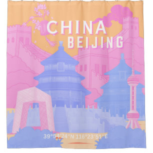 Rideaux De Douche Affiche de voyage à Pékin Chine Pastel rose et b