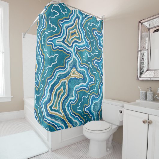 Rideaux De Douche Agate graphique en or bleu (En situation)