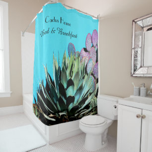 Rideaux De Douche Agave and Pricky Pear Cactus on Turquoise Wall
