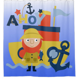 Rideaux De Douche Ahoy Sea Capitaine et bateau de pêche Ocean Sea