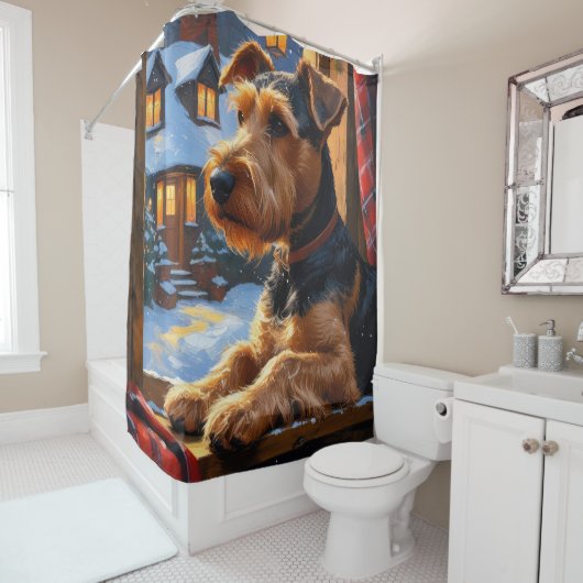 Rideaux De Douche Airedale Terrier With Christmas Lights Holiday  (En situation)