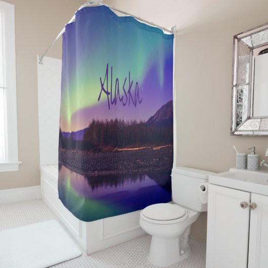 Rideaux De Douche Alaska Northern Lights Mountains Lake (En situation)