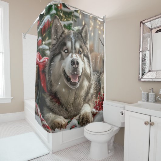 Rideaux De Douche Alaskan Malamute Chien Fête de Noël (En situation)