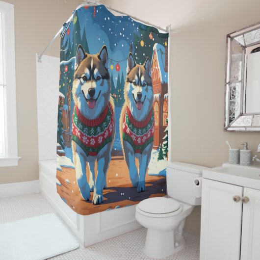 Rideaux De Douche Alaskan Malamute Dogs Christmas Snow Holiday (En situation)