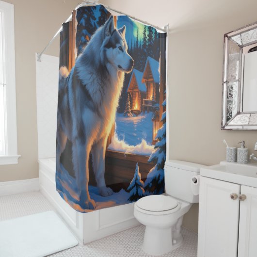Rideaux De Douche Alaskan Malamute With Christmas Lights Holiday  (En situation)