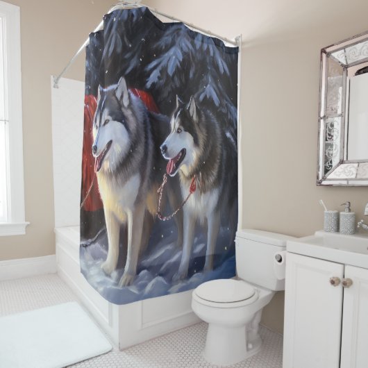 Rideaux De Douche Alaskien Malamute Snowy Sleigh Ride Noël (En situation)