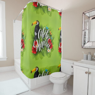 Rideaux De Douche Aloha Hawaii Fleurs Feuillage Papillons Jaune