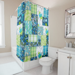 Rideaux De Douche Aloha Patchwork Hawaiian Tropical Prints - Turquoi