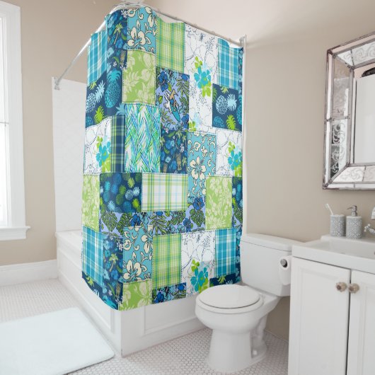 Rideaux De Douche Aloha Patchwork Hawaiian Tropical Prints - Turquoi (En situation)