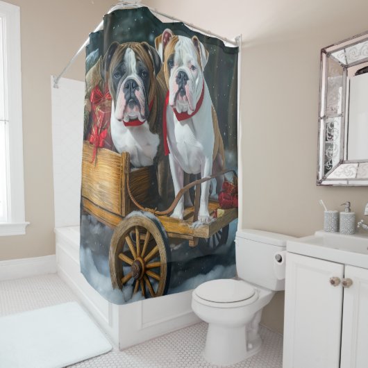 Rideaux De Douche American Staffordshire Snowy Sleigh Noël (En situation)