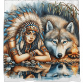Rideaux De Douche Amérindienne et son compagnon de loup (Devant)