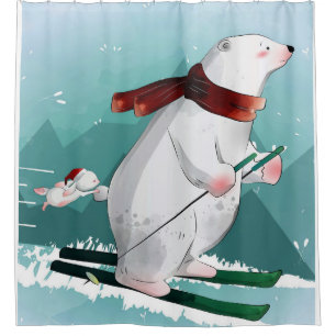 Rideaux De Douche Amoureux des ours  Ski à l'ours polaire Funny Bea