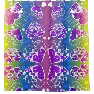 Rideaux De Douche Amusant Violet, bleu, jaune motif de Coeurs Whimsi