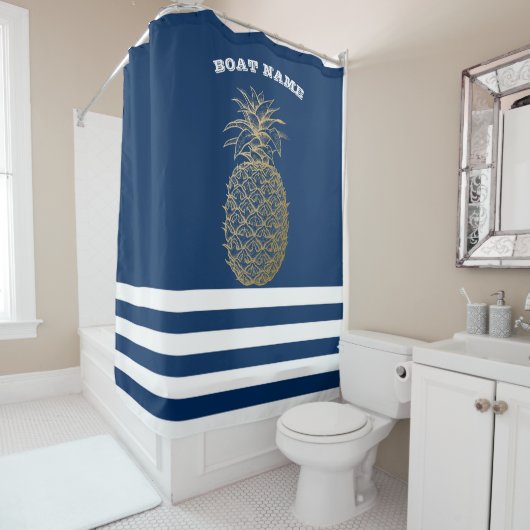 Rideaux De Douche Ananas doré rayé bleu marine (En situation)