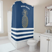 Rideaux De Douche Ananas Or Marine Bleu rayé (En situation)
