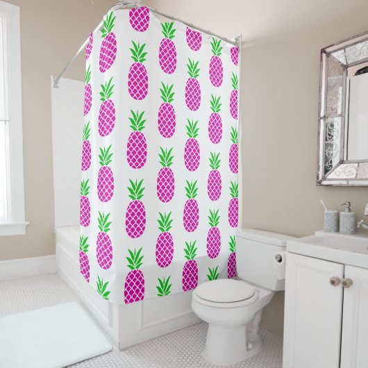 Rideaux De Douche Ananas tropical rose et vert (En situation)