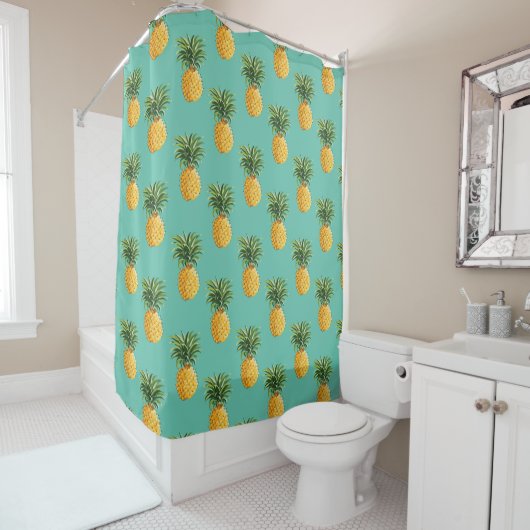 Rideaux De Douche Ananas Tropical Sur Turquoise (En situation)