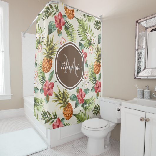 Rideaux De Douche Ananas tropicale exotique Floral Monogramme Brown (En situation)