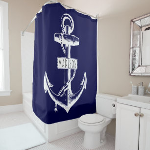 Rideaux De Douche Ancrage vintage et nom sur marine bleu nautique