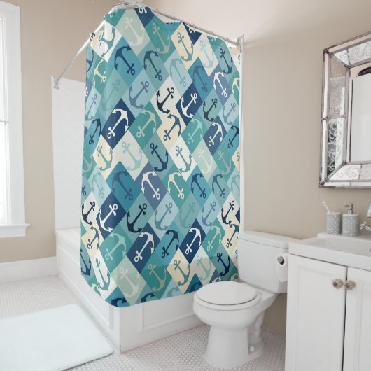 Rideaux De Douche ancre bleu chevron (En situation)