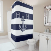 Rideaux De Douche Ancre bleue marine Nom du monogramme rayé (En situation)