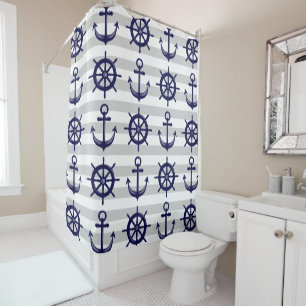 Rideaux De Douche Ancre Bleue Marine Roue De Bateau Rayure Grise Nau