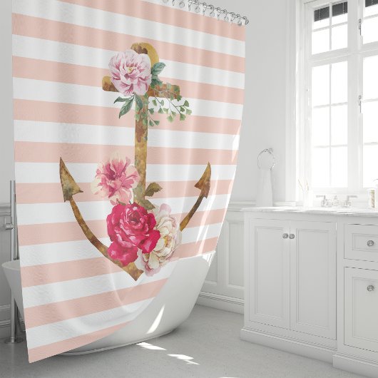 Rideaux De Douche Ancre florale rose motifs nautiques