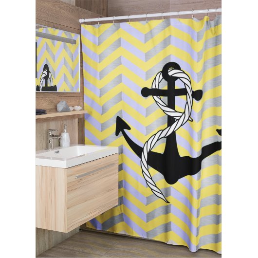 Rideaux De Douche Ancre marine jaune bleu et gris Chevron