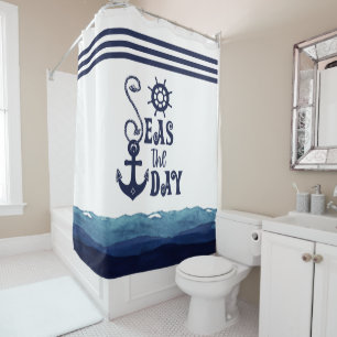 Rideaux De Douche Ancre nautique LA JOURNÉE AQUATIQUE Marine Blanc