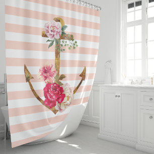 Rideaux De Douche Ancres Florales Roses Rayures Nautiques