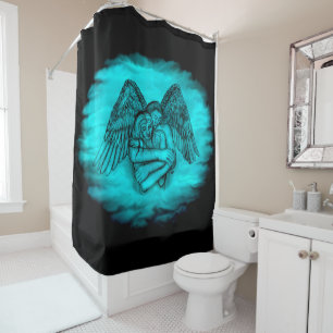 Rideaux De Douche Angel Eros en amour, design noir et vert