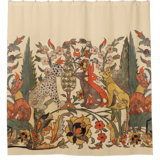 RIDEAUX DE DOUCHE ANIMAUX FORESTIERS, LEOPARD, JACKALS, RABBITS, FLE (Devant)