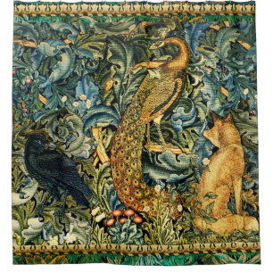 Rideaux De Douche ANIMAUX FORESTIERS, RAVEN, FOX, PEACOCK Blue Green