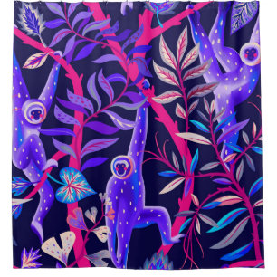 Rideaux De Douche Animaux tropicaux : motif de singes bleus.