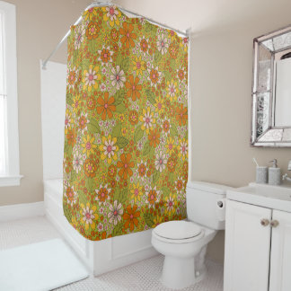 Rideaux De Douche Années 1960, 1970 Vert & Orange Retro Floral