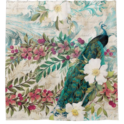 Rideaux De Douche Antique Illustrated Peacock & Flowers Grunge (Devant)