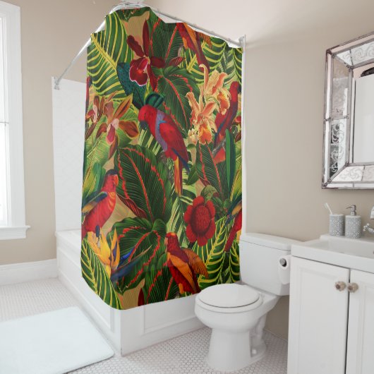 Rideaux De Douche Antique Tropical Parrots Jungle Motif (En situation)