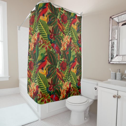Rideaux De Douche Antique Tropical Parrots Jungle Motif (En situation)