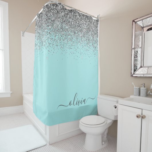 Rideaux De Douche Aqua Bleu Turquoise Argent Paillettes Monogramme (En situation)