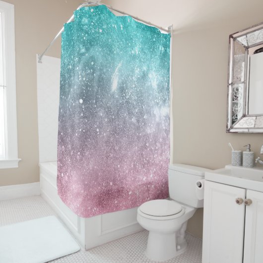 Rideaux De Douche Aqua blue Pink ombre mer galaxie abstraite (En situation)