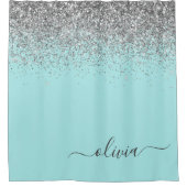 Rideaux De Douche Aqua Blue Teal Argent Paillettes Monogramme (Devant)