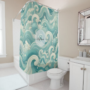 Rideaux De Douche Aqua Blue & White Wave Abstraite - Art moderne Flu