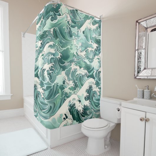 Rideaux De Douche Aqua Japanese Ocean Waves Sea Pattern (En situation)