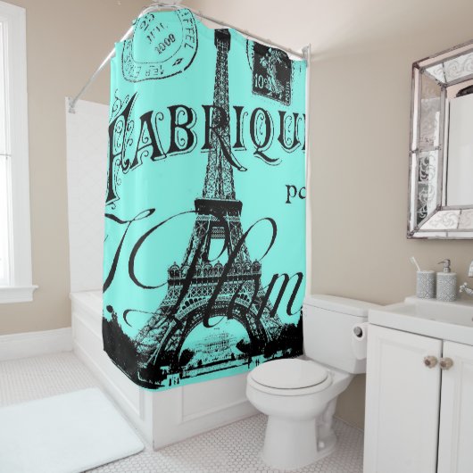 Rideaux De Douche aqua turquoise scripts turquoises Paris Tour Eiffe (En situation)