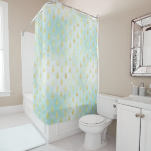 Rideaux De Douche Aqua White Gold Tropical Glam Pineapples